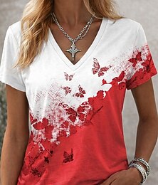 お買い得  -女性用 Tシャツ カラーブロック プリント グラフィック 動物 抽象的 ヴィンテージ スタイリッシュ クラシック 半袖 Ｖネック レギュラートップス 日常 週末 ブルー ブラックとレッド 赤、白 夏 春 秋