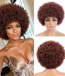 preiswerte -Kurze, lockige Afro-Perücke mit Pony, kleberfrei, für schwarze Frauen und Männer, 70er-Jahre-Disco-Look, voluminös, flauschig, hitzebeständig, natürlich aussehendes Kunsthaar, ideal für Partys,