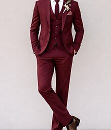 voordelige -Heren Smoking Kostuums Strand bruiloft Lente bruiloft Zwart Bordeaux Lente zomer Pak Ingesneden revers Effen Standaard pasvorm 3-delige set Enkele rij knopen met twee knopen