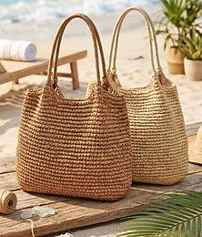 abordables -Grand sac cabas tissé pour femme, en crochet, disponible en blanc cassé et kaki, spacieux, idéal pour un look décontracté au quotidien et pour les vacances à la plage