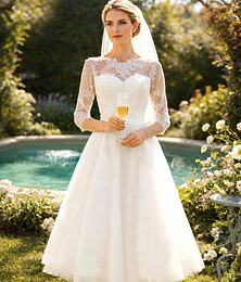 voordelige -A-lijn Over de knie Trouwjurken Bruidsdouchejurken Bruidsjurk Vintage Jaren 40/50 Open rug 3/4 mouw Illusie Hals valmistuminen Verjaardag Kant Tule met Sjerpen / Linten Appliqués