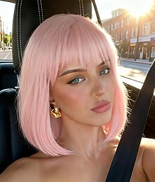 abordables -Perruque rose clair, coupe au carré avec frange (possibilité de la couper), perruque courte et lisse pour femme, perruque rose synthétique pour cosplay.