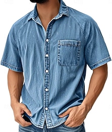 cheap -Men's Shirt Casual Shirt Button Up Shirt 100% Cotton Acid Wash Shirt Black Light Green Navy Blue Purple Green Short Sleeve Plain Shirt Collar Casual Daily Front Pocket Clothing Apparel Elegant