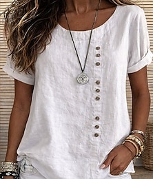 abordables -Femmes T-shirt T-shirt en coton et lin Boutons Uni Mode Élégant Classique Manche Courte Col ras du cou Hauts Réguliers Quotidien Sortir Week-end Bleu Blanche Jaune Vert Véronèse bleu marine Ét