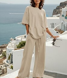 abordables -Femmes Loungewear Ensembles Basique Couleur Unie Avec Poches Taille Élastique T-shirt Pantalon Quotidien Rue manche longue Col ras du cou Bleu Noir Blanche bleu marine Marron clair Été Printemps