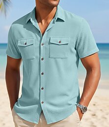 preiswerte -Herren Hemd Freizeithemd Cordhemd Knopfhemd Schwarz Weiß Gelb Marineblau Braun Kurzarm Einfarbig Einfach Texture Hemdkragen Lässig Täglich Fronttasche Bekleidung Elegant Mode Lässig