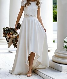 cheap -Beach Wedding Little White Dresses Wedding Dresses Two Piece Boat Neck Cap Sleeve Asymmetrical Lace Bridal Suits Bridal Gowns With Solid Color