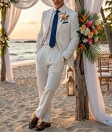 お買い得  -男性用 リネンスーツ ビーチウェディング ビジネス ホワイト ピンク 春夏 スーツ ノッチドラペル ビジネス フォーマル ソリッド テイラーフィット 2点セット シングルブレスト 二つボタン