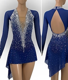 cheap -Figure Skating Dress Women's Ice Skating Dress Navy Patchwork Open Back High Elasticity Training Competition Skating Wear Classic Crystal / Rhinestone Long Sleeve Ice Skating Figure Skating