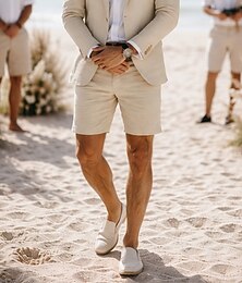 お買い得  -男性用 タキシード リネンスーツ ビーチウェディング スカイブルー カーキ色 夏 スーツ ノッチドラペル ファッション 日常 ソリッド スタンダードフィット 2点セット シングルブレスト 二つボタン