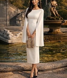 Χαμηλού Κόστους -Ίσια Γραμμή Κάτω από το γόνατο Κοκτέιλ Φορέματα Φορέματα για πάρτι Κομψό Πάρτι Μικρά Άσπρα Φορέματα Μακρυμάνικο Με Κόσμημα Επισκέπτης γάμου Αργίες Φθινοπωρινός καλεσμένος γάμου Ζέρσεϊ Εξώπλατο με