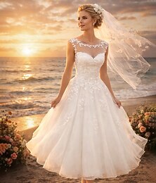 economico -Linea ad A Lunghezza Tè Abiti da sposa Abito da sposa Vintage Anni 1940 / 1950 Piccoli Abiti Bianchi Senza Maniche Scollo Illusione Laurea Compleanno Pizzo Tulle con Applicazioni