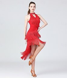 abordables -vestido de baile asimétrico rojo sin mangas con flecos para mujer