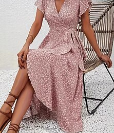 abordables -Femmes Robe Midi Robe bohème Robe Décontractée Robe Fleurie Élégant Mode Moderne Extérieur Vacances Sortir Coupe régulière Uni Manche Courte Col en V Jaune Rose Claire Rouge Orange Été Printemps