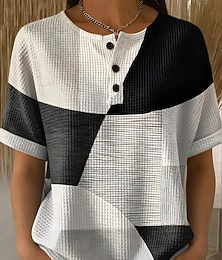 preiswerte -Damen Waffel T-Shirt Farbkasten Druck Grafik Geometrisch Abstrakt Vintage Stylisch Klassisch Kurzarm Rundhals Lange Tops Täglich Blau Schwarz Gelb Rosa Staubig Blau Sommer Frühling