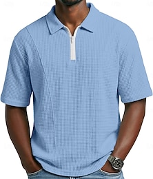 cheap -Men's Waffle Polo Shirts Zip Polo Casual Holiday Lapel Quarter Zip Short Sleeve Fashion Basic Plain Quarter Zip Summer Spring Regular Fit Black White Navy Blue Purple Green khaki Waffle Polo Shirts
