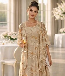 abordables -Dos Piezas Corte A Vestido Midi Vestido Invitada Boda Corte Ancho Vestido de Madrina Media Manga Camiseta con cuello redondo Elegante Sencillo Minimalista Formal Invitado a la boda Festivos Gasa