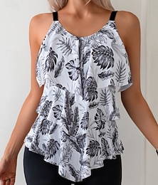 abordables -Mujer Bañadores Tankini 2 piezas Alta cintura Traje de baño Control de barriga Alta cintura Delgado Espalda al Aire Elegante Vacaciones Hojas Cuchara Sin Mangas Trajes de baño