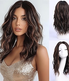 economico -parrucca castano scuro con mèches, parrucche di media lunghezza per donne, riga centrale, parrucche in capelli sintetici, capelli misti ondulati con mèches, capelli naturali per tutti i giorni, festa,