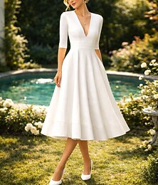 economico -Linea ad A Lunghezza Tè Abiti da sposa Abito da sposa Vintage Anni 1940 / 1950 Piccoli Abiti Bianchi Mezza Manica Scollo a V Laurea Compleanno Raso con Pieghe