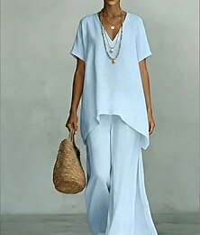 abordables -Femmes Ensembles de Pantalons Manche Courte Col en V Couleur Unie Mode Streetwear Occasionnel Quotidien Extérieur Bleu Noir Blanche Été Coupe régulière