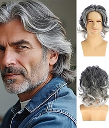 economico -parrucca corta ondulata grigia da uomo, sintetica, a strati, per cosplay, costumi e feste.