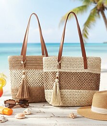 abordables -Sac cabas en paille tressée pour femme, grande capacité avec pompon, disponible en plusieurs couleurs, sac de plage et de voyage élégant et décontracté pour les loisirs au quotidien