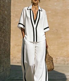 preiswerte -Damen Leinenartiges Set Hosen-Sets Kurzarm V Ausschnitt Einfarbig Mode Streetwear Lässig Täglich Outdoor Blau Schwarz Weiß Frühling & Sommer Lässiger Schnitt