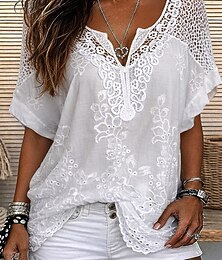 abordables -Mujer Blusa Encaje Color sólido Elegante Casual Manga Corta Escote en Pico Tops regulares Diario Azul Piscina Negro Blanco Naranja Gris Verano Primavera Otoño
