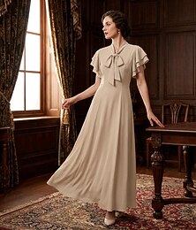 economico -Vintage Anni Ruggenti Anni 1920 Lunghezza lunga Vestito Abito Flapper Maniche corte Il grande Gatsby Charleston Tinta unica Linea ad A Scollo a V Costume Per donna Halloween Carnevale speakeasy
