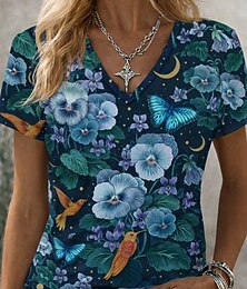お買い得  -エピソードドローイング レディース Tシャツ プリント グラフィック レター ヴィンテージ スタイリッシュ クラシック 半袖 Vネック ロングトップス デイリー スポーツ お出かけ ブルー 夏 春 秋 冬