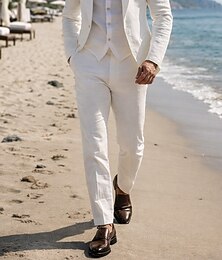 お買い得  -男性用 リネンスーツ ビーチウェディング ホワイト ベージュ 春、夏、秋、冬 スーツ ライトウェイト カジュアル ソリッド スタンダードフィット 2点セット シングルブレスト 一つボタン
