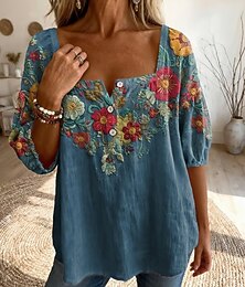 voordelige -Dames Blouse Met ruches Geborduurd Afdrukken Bloemig Grafisch Paisley Dagelijks Stijlvol Basic Halve mouw Vierkante hals Normale tops Dagelijks blauw Zwart Blozend Roze Licht Paars Groen Zomer Lente