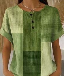abordables -Tops de Punto Texturizado Waffle de Mujer Camiseta Color Bloque Gráfico Geométrico Estiloso Clásico Mangas Cortas Cuello Redondo Diarios Deportes Fin de Semana Blanco y Negro Amarillo Verde Arcoíris