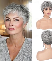 economico -Parrucche pixie grigie da donna - taglio corto naturale a strati, parrucca sintetica resistente al calore per uso quotidiano, costume, grigio misto nero