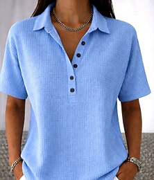 זול -חולצת טוניקה עם כפתורים לנשים עם דפוס וופל צבע אחיד עיצוב רטרו קלאסי עם שרוול קצר וכהי צוואר רגיל יומיומית לבן ורוד כחול בהיר קיץ אביב