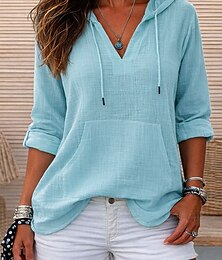 お買い得  -女性用 コットンリネンシャツ 純色 日常 スタイリッシュ ベーシック 長袖 フード付き レギュラートップス 日常 ブルー ネイビーブルー ベージュ 夏 春 秋
