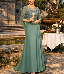 abordables -Fourreau Colonne Robe Longueur au sol Robe d'invité de mariage Robe de Cérémonie Robe de soirée Robe de Mère de Mariée  Demi Manches Bijoux Élégant Formel Chiffon avec Dentelle Drapé latéral Couleur