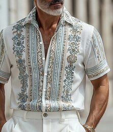 お買い得  -男性用 フラワープリント エスニック コサージュ シャツ グアヤベラシャツ ボタンアップシャツ 半袖 ヴィンテージレトロ バケーション カジュアル／普段着 夏 春 折襟 3Dプリント リネンライクシャツ ブルー ピンク グリーン カーキ色
