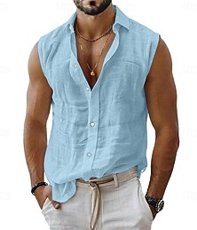 お買い得  -男性用 シャツ リネンシャツ サマーシャツ ビーチウェア ボタンアップシャツ 平織り カジュアル 日常 ブルー ホワイト ピンク ノースリーブ カラー 夏 春 衣類 平織り