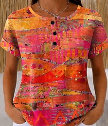 זול -חולצות נשים מבד ופל waffle עם הדפס גרפי גאומטרי נוסטלגי אופנתי קלאסי קצרות שרוולים צוואר עגול רגיל חולצות יומיות שחור ולבן שחור לבן צהוב אדום קיץ אביב