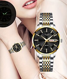 cheap -Women's Luxury Watch, Two-Tone Gold Silver Stainless Steel Band, Luminous Hands with Day Date Calendar, Elegant Black Dial Diamond Accents Dress Wrist Watch for Ladies, Gift for Her