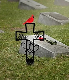 abordables -Placa conmemorativa metálica para cementerio, lápida con cruz de hierro decorada con un cardenal rojo y motivos florales, estaca para jardín exterior, ideal para la decoración del cementerio en el Día
