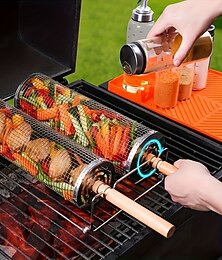 abordables -Ensemble de 2 grils à barbecue en acier inoxydable avec poignée en bois &crochet de suspension, barbecue portable robuste pour extérieur, panier à barbecue &pinces, répartition uniforme de la chaleur,
