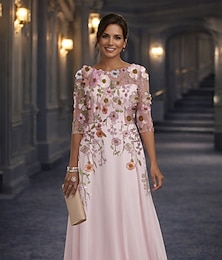 abordables -Ligne A Longueur au sol Robe en Dentelle Robe de Mère de Mariée  manche longue Col ras du cou Col Illusion Élégant ancien Formel robe demoiselle d honneur Fête de mariage Chiffon Dentelle avec