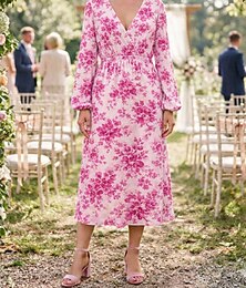 abordables -Femmes Robe Midi Robe Plissée Robe ajustée et évasée Vacances Anniversaire Occasionnel Date Coupe régulière Fleuri Graphique manche longue Col en V Rose Claire Orange Été Printemps