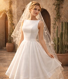 voordelige -A-lijn Tot de knie Trouwjurken Bruidsdouchejurken Bruidsjurk Vintage Jaren 40/50 Open rug Mouwloos Ronde hals valmistuminen Verjaardag Satijn met Strik(ken)