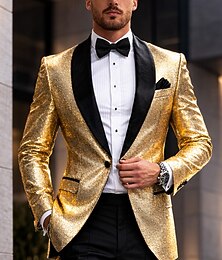 abordables -Blazer retro disco de los años 70 con lentejuelas para hombre, chaqueta informal con estampado de fiesta brillante, botonadura sencilla, un botón, negro, plata, burdeos, azul real y dorado