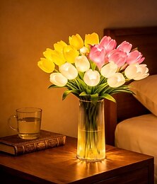رخيصةأون -15 زهرة توليب صناعية مزودة بإضاءة LED، باقة توليب بملمس واقعي، تعمل بالبطارية، مثالية لتزيين المنزل في أعياد الميلاد وحفلات الزفاف والتصوير الفوتوغرافي (بدون مزهرية).