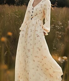abordables -Femmes Robe Midi Robe Décontractée Robe en Chiffon Robe évasée Robe Fleurie Élégant Mode Moderne Extérieur Vacances Sortir Coupe régulière Fleuri manche longue Col en V Jaune clair Été Printemps